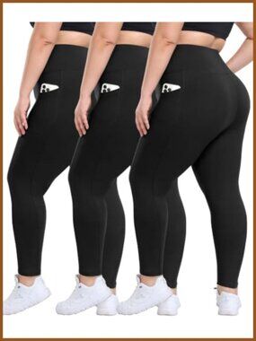Plus Size High Waisted Leggings 3 Pack with Pockets Tummy Control Yoga Pants